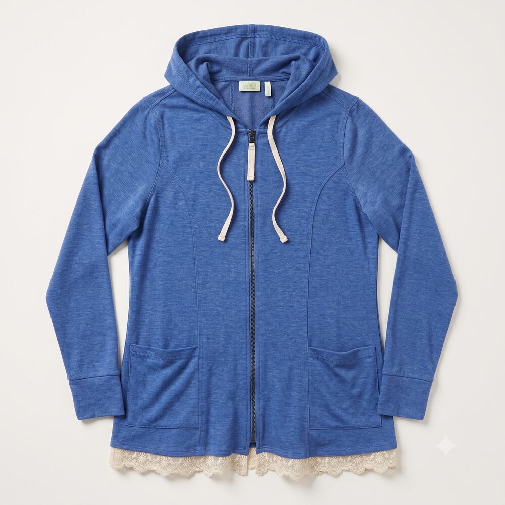 LOGO Lounge Womens M Lagenlook Boho Romantic Lace Trim Full-Zip Hoodie Pockets